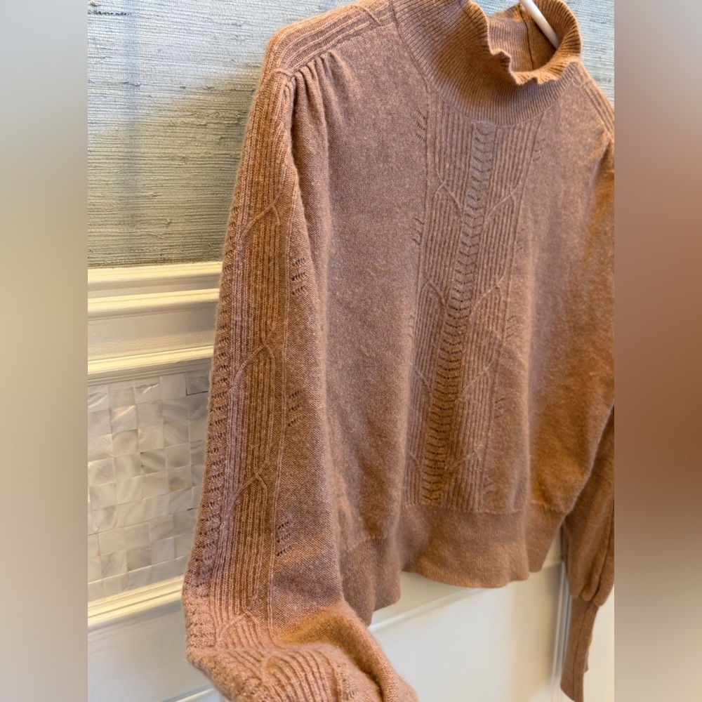 Small Anthropologie cashmere ruffle sweater mock neck cable knit honey tan - Picture 6 of 16